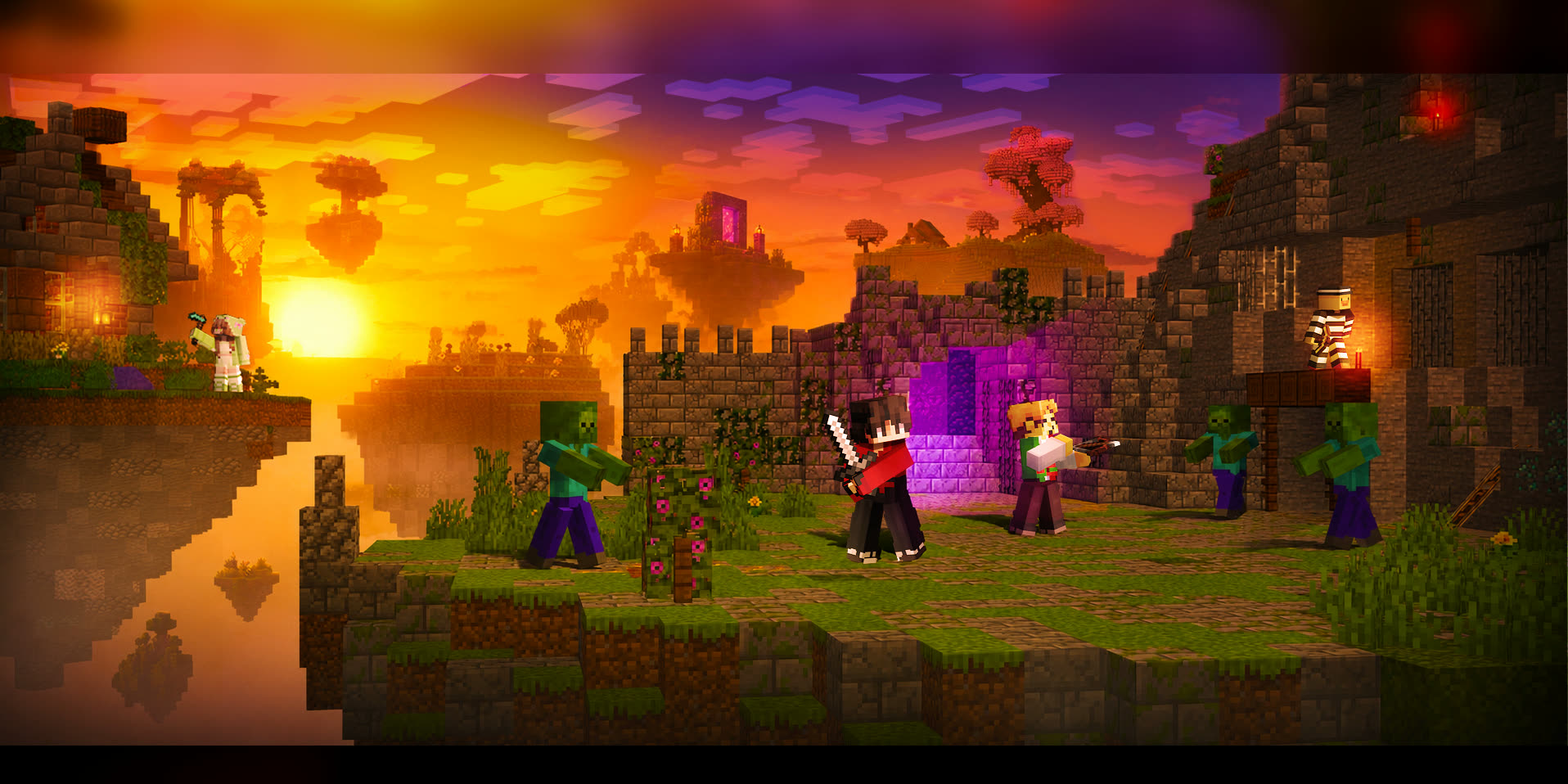 The Sun Realms world at sunset · castle gate, nether portal and floating islands