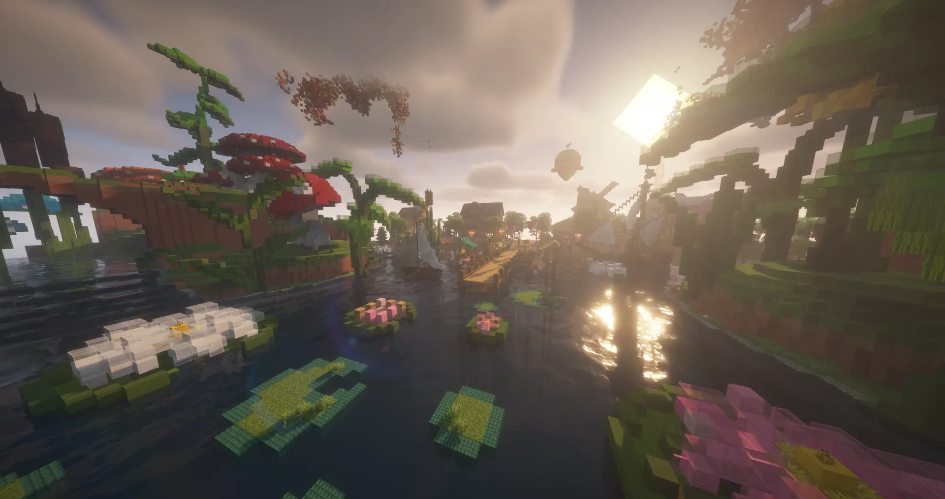 A Sun Realms map at sunset · lily water, a mushroom island and the village docks